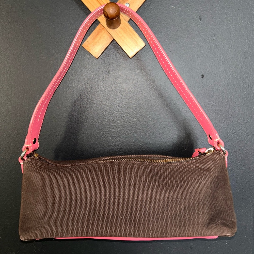 Vintage Kate Spade Mini Bag Brown Canvas with Pink Leather Trim & HelloKitty Tag - Picture 6 of 16
